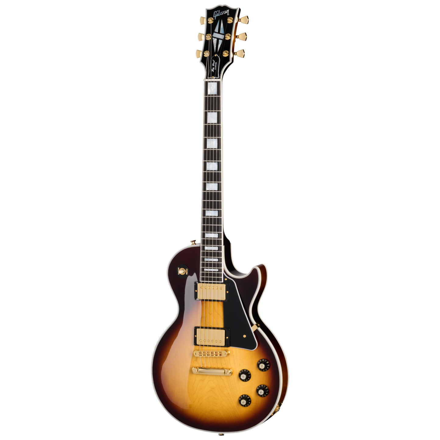 Full frontal of Gibson Les Paul Custom 70s Tobacco Burst.
