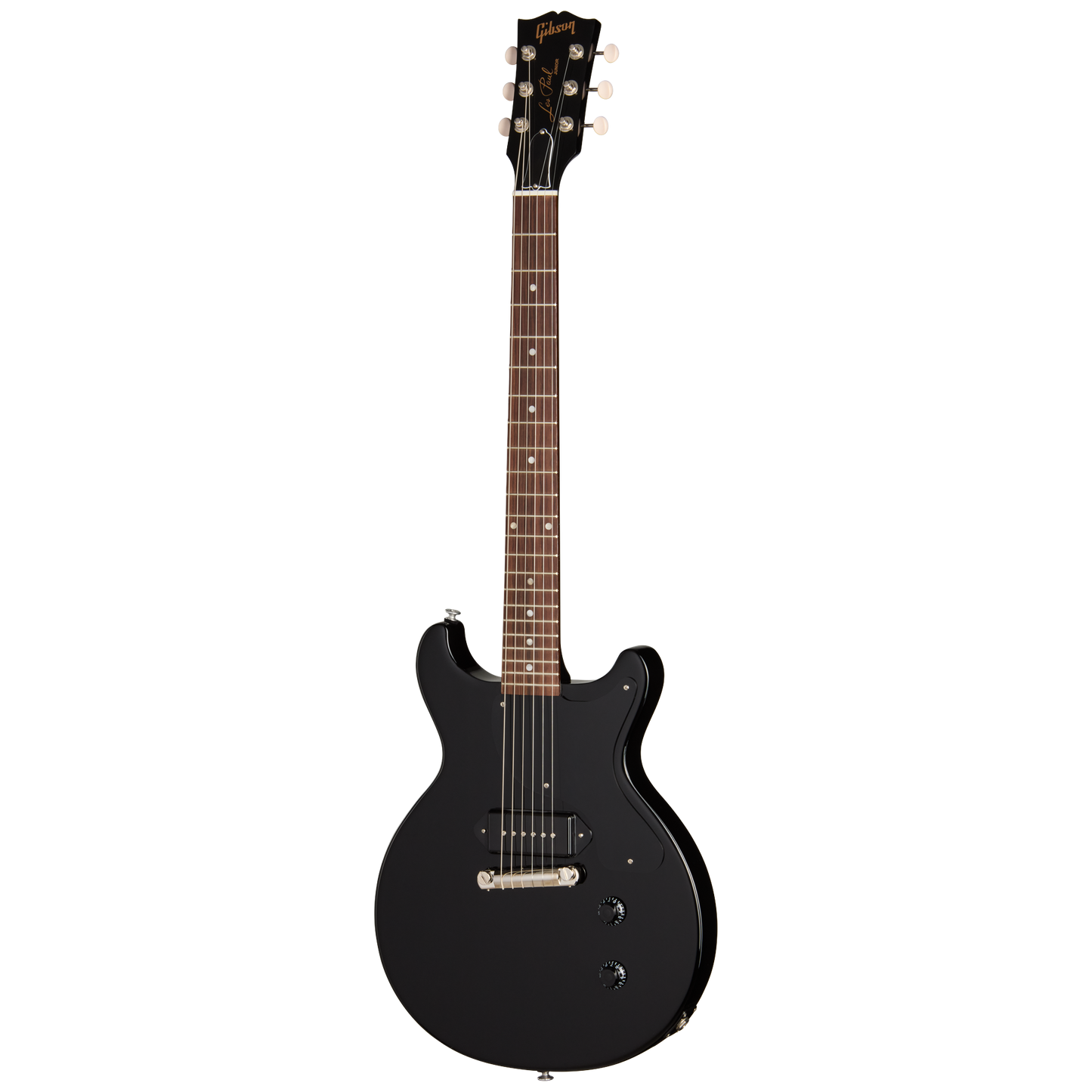 Full frontal of Gibson USA Les Paul Junior Double Cutaway Ebony.