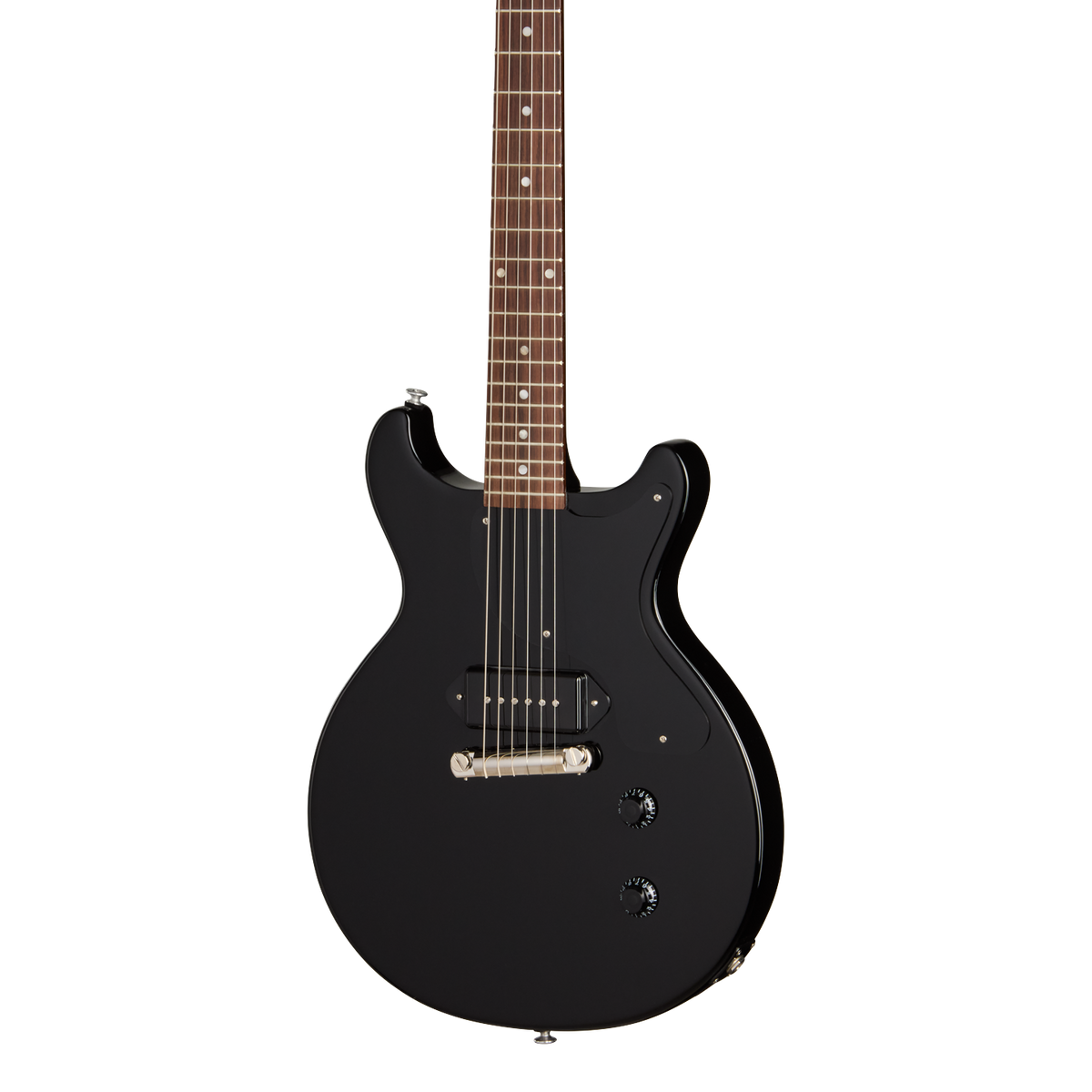 Front of Gibson USA Les Paul Junior Double Cutaway Ebony.