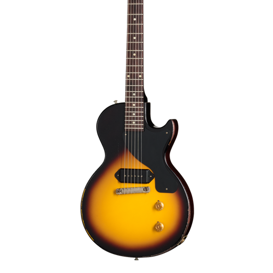 Front of Gibson Custom Shop 1957 Les Paul Junior Single Cut Reissue Heavy Aged Vintage Sunburst.