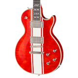 A red Epiphone Les Paul  guitar with a white center stripe and white side stripes, featuring chrome hardware and a dark fretboard, shown against a plain white background.