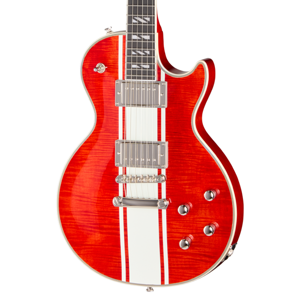 A red Epiphone Les Paul  guitar with a white center stripe and white side stripes, featuring chrome hardware and a dark fretboard, shown against a plain white background.