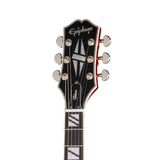 Close-up of the headstock of an Epiphone Les Paul guitar, showing the black headstock with silver tuning pegs and white brand lettering, on a solid white background.