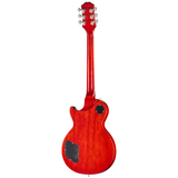 The back view of a Epiphone Les Paul electric guitar with a glossy cherry red finish, featuring a black pickguard and a circular black soundhole cover, set against a plain white background.