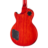 The back of an Epiphone Les Paul electric guitar with a vibrant red cherry finish, showing a glossy wood grain, black pickups, and silver hardware against a solid white background.