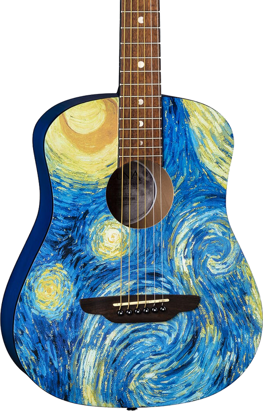 Front of Luna Safari Starry Night Travel Guitar.