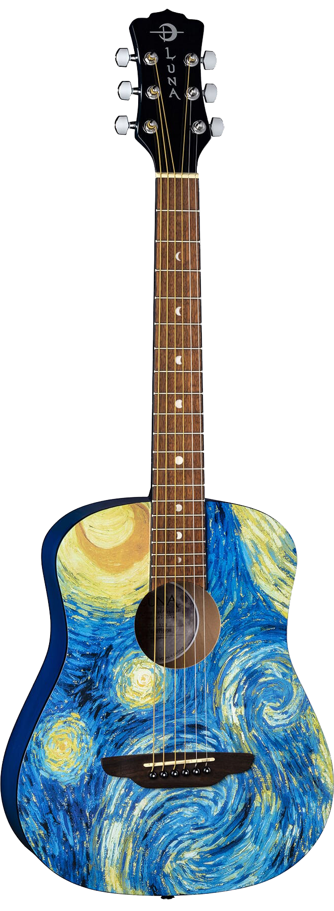 Full frontal of Luna Safari Starry Night Travel Guitar.