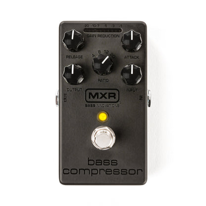 Top down MXR M87B Bass Compressor Blackout Edition with white background.