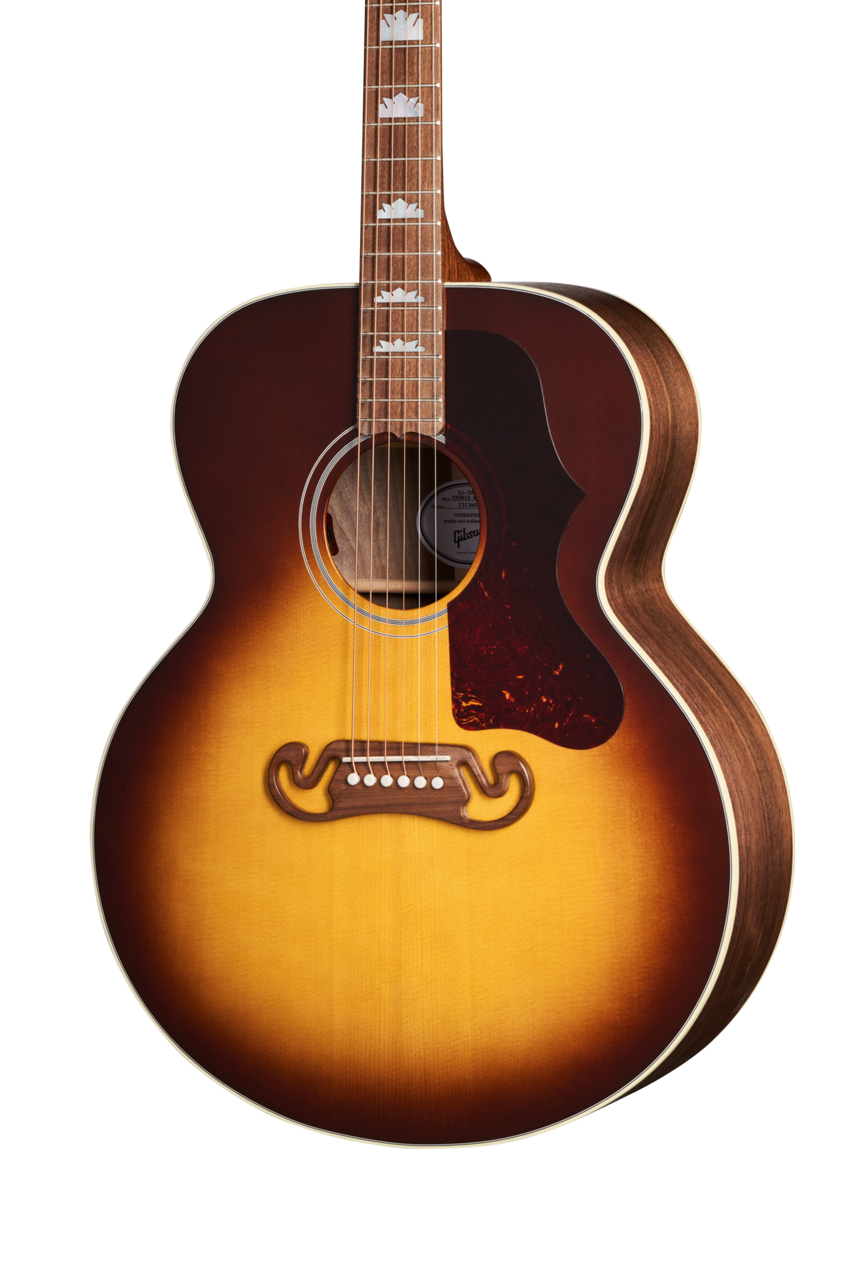 Closeup of front of Gibson SJ-200 Studio Walnut Gloss Top Walnut Burst w/case