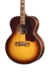 Closeup of front of Gibson SJ-200 Studio Walnut Gloss Top Walnut Burst w/case