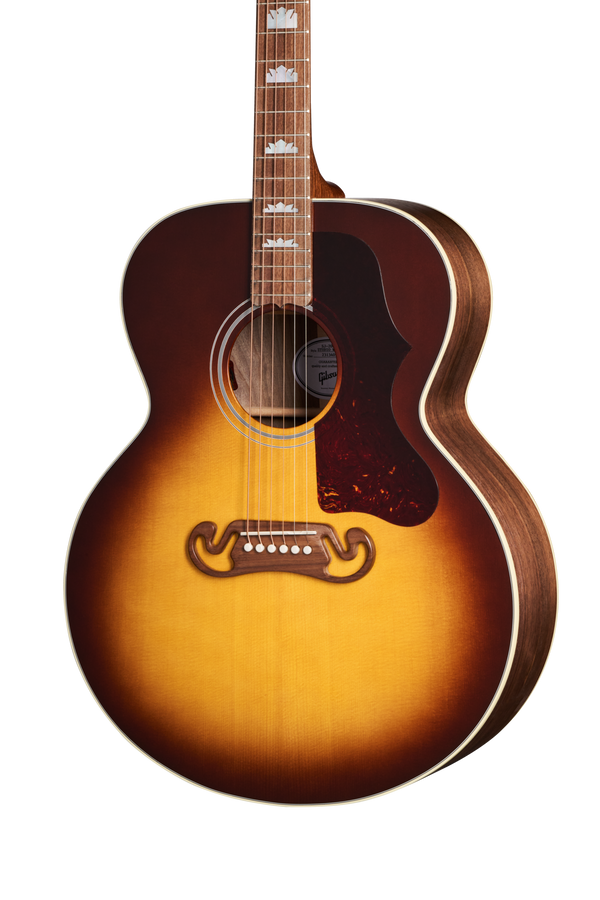 Closeup of front of Gibson SJ-200 Studio Walnut Gloss Top Walnut Burst w/case