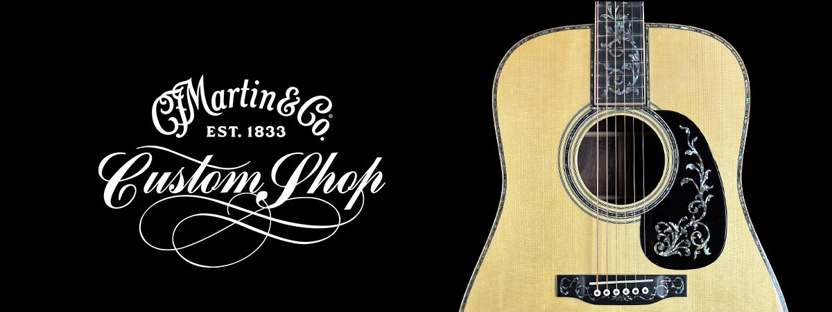 Martin Custom Shop Label next to an ornate martin guitar top over a black background.