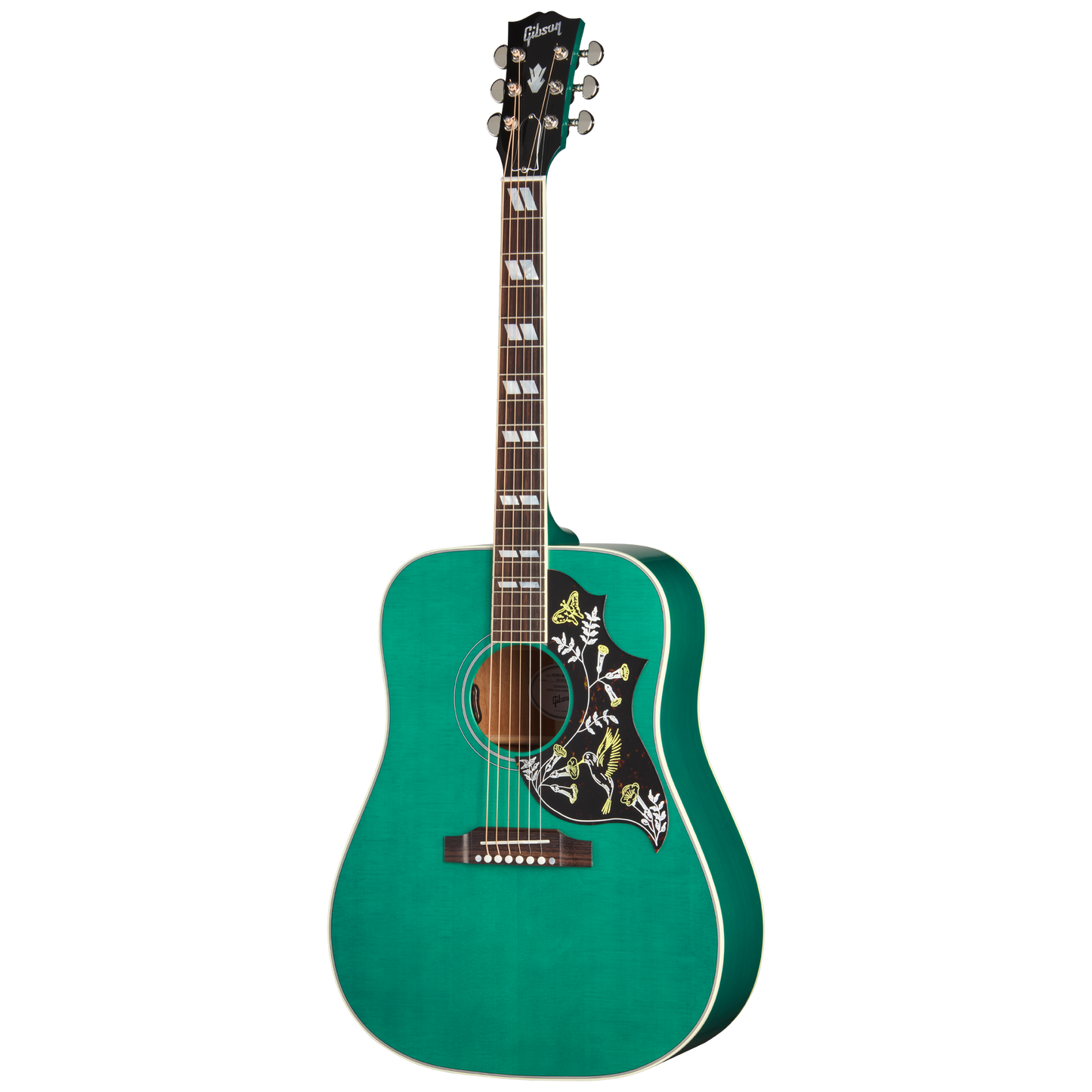 Front of Gibson Hummingbird Standard Translucent Teal.