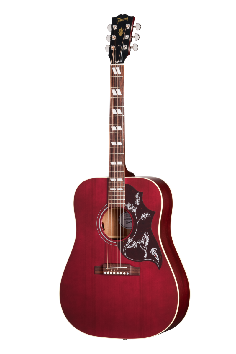 Full frontal of Gibson Hummingbird Special Satin Wine Red.