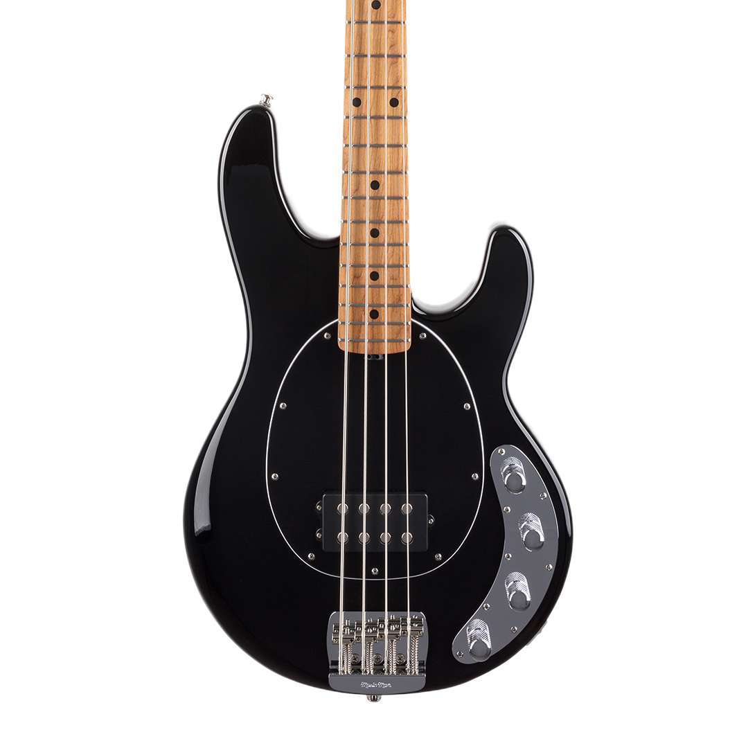 Closeup of Ernie Ball Music Man StingRay Special Black Maple Black PG  w/Mono Softshell Case