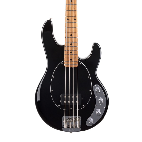 Closeup of Ernie Ball Music Man StingRay Special Black Maple Black PG  w/Mono Softshell Case