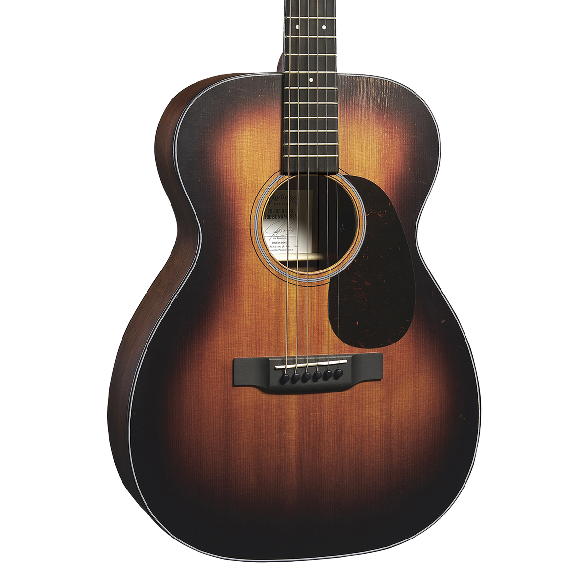 Front of Martin 00-10E Bonamassa Satin Sunburst Sapele.