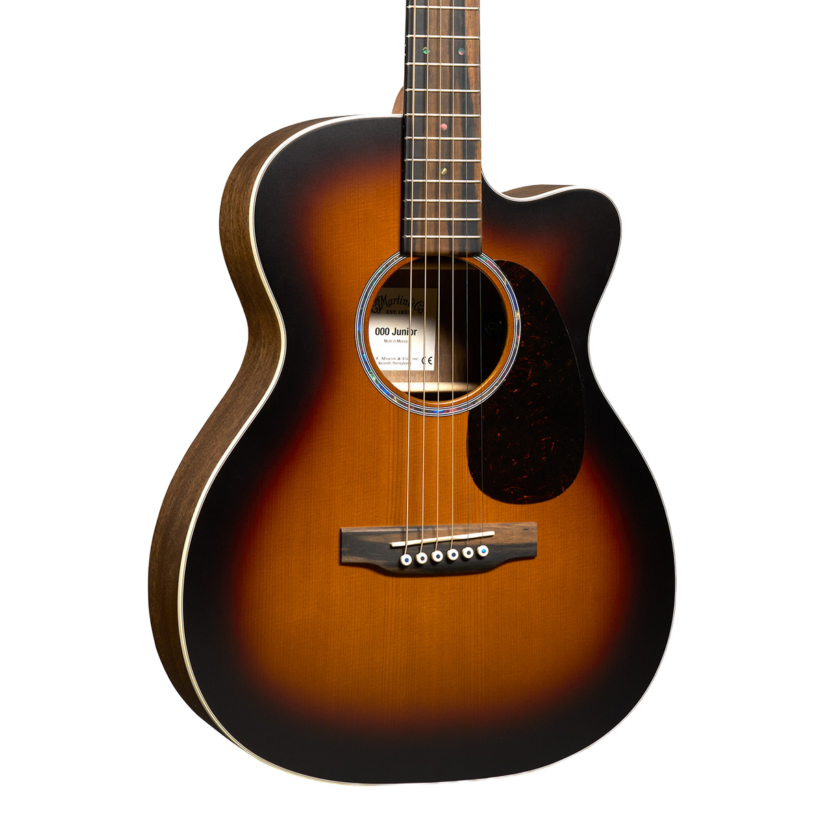Front of Martin 000C Jr E Walnut Burst.