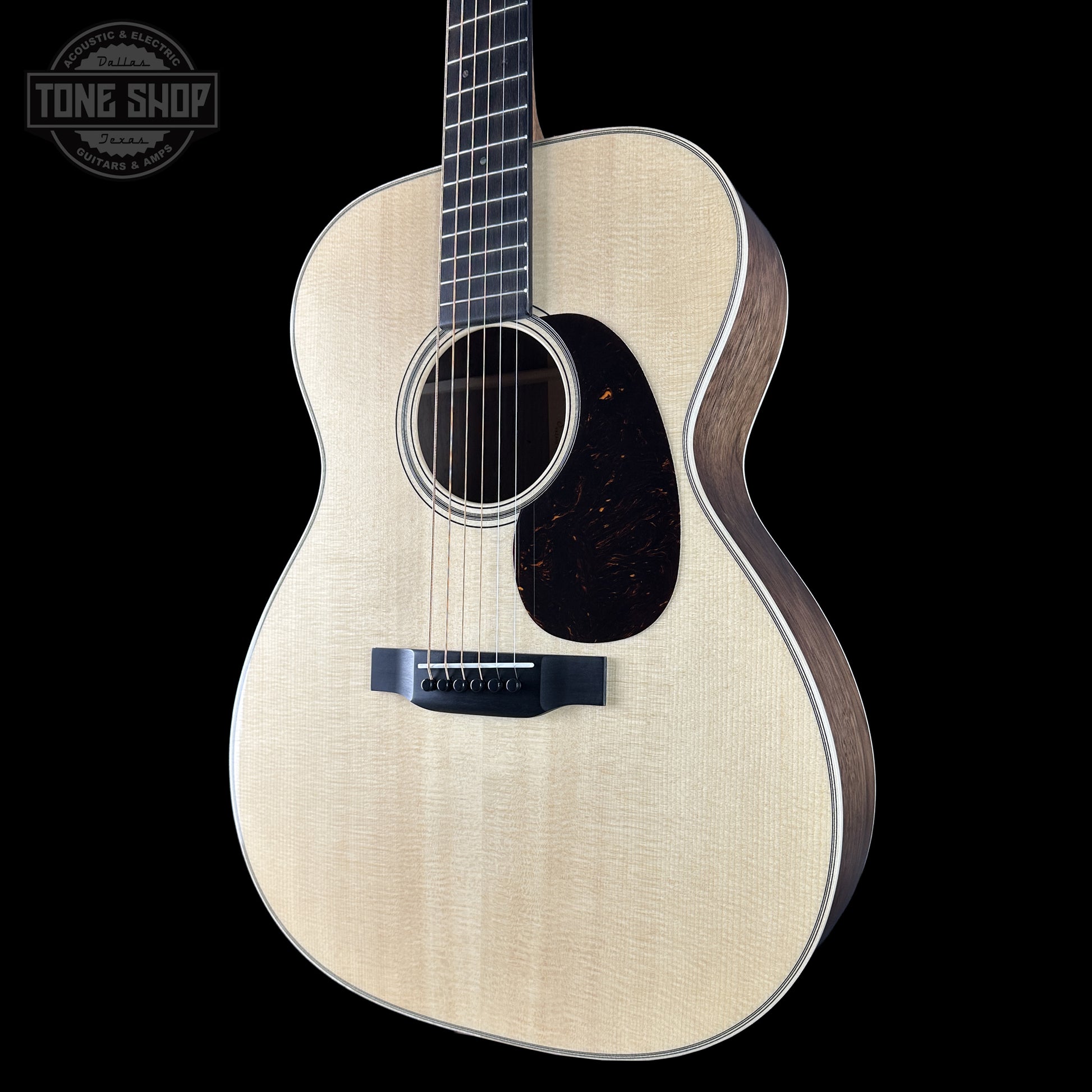 Front right angle of Martin Custom Shop 000-14F Factory Exclusive Sitka Black Walnut 2951130.