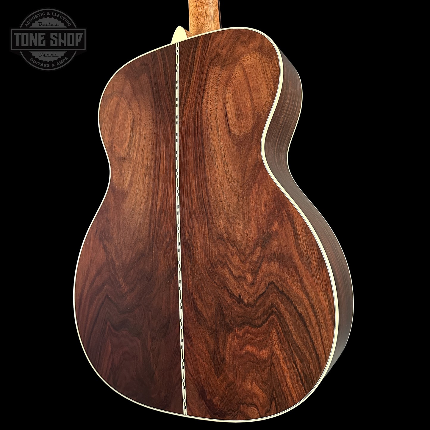 Back left angle of Martin Custom Shop 000 14-Fret Wild Grain East Indian Rosewood 2981110 body.