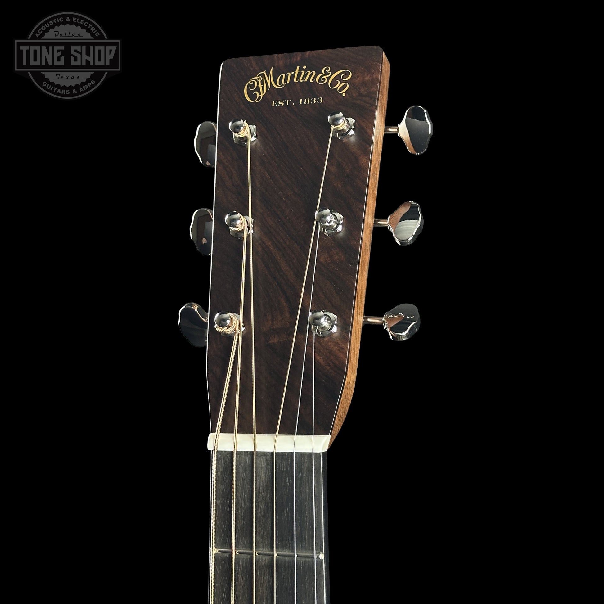 Right angle of Martin Custom Shop 000 14-Fret Wild Grain East Indian Rosewood 2981110 headstock.