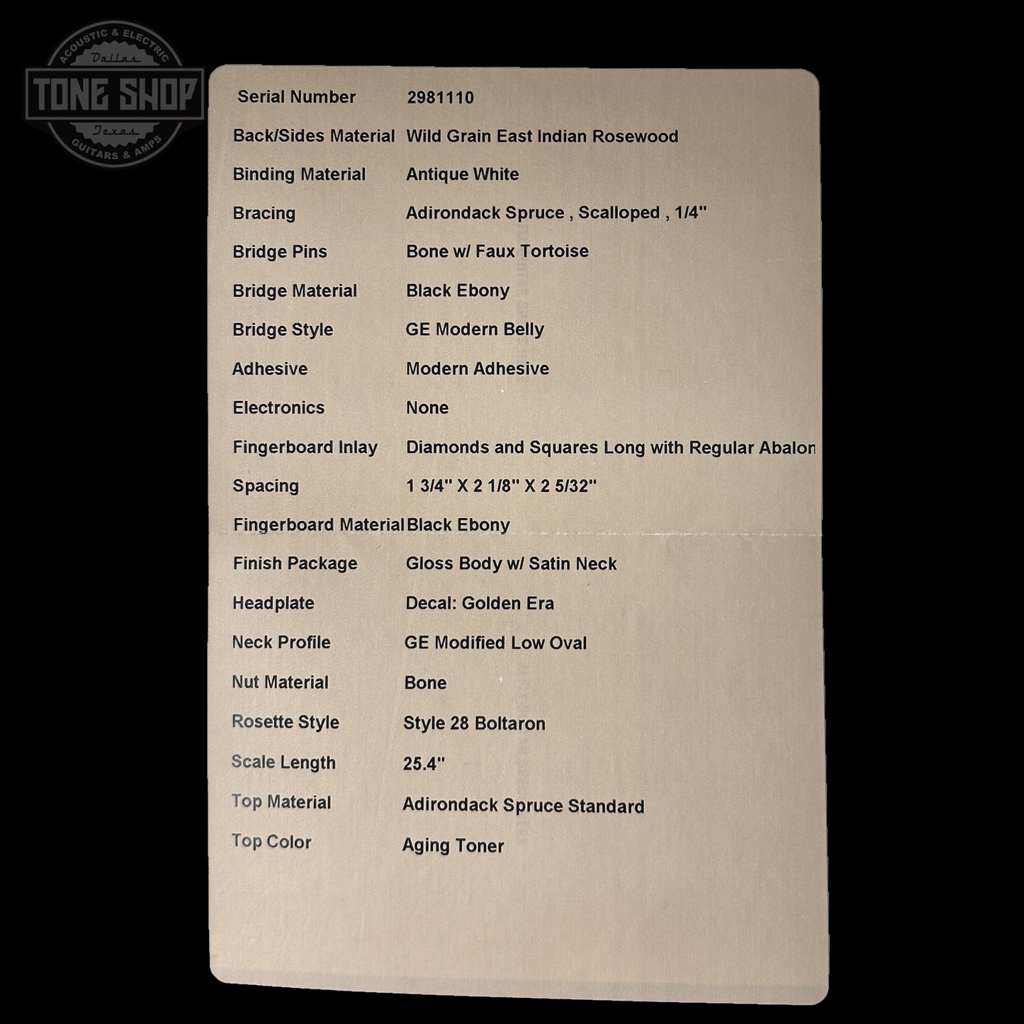 Spec sheet for Martin Custom Shop 000 14-Fret Wild Grain East Indian Rosewood 2981110.