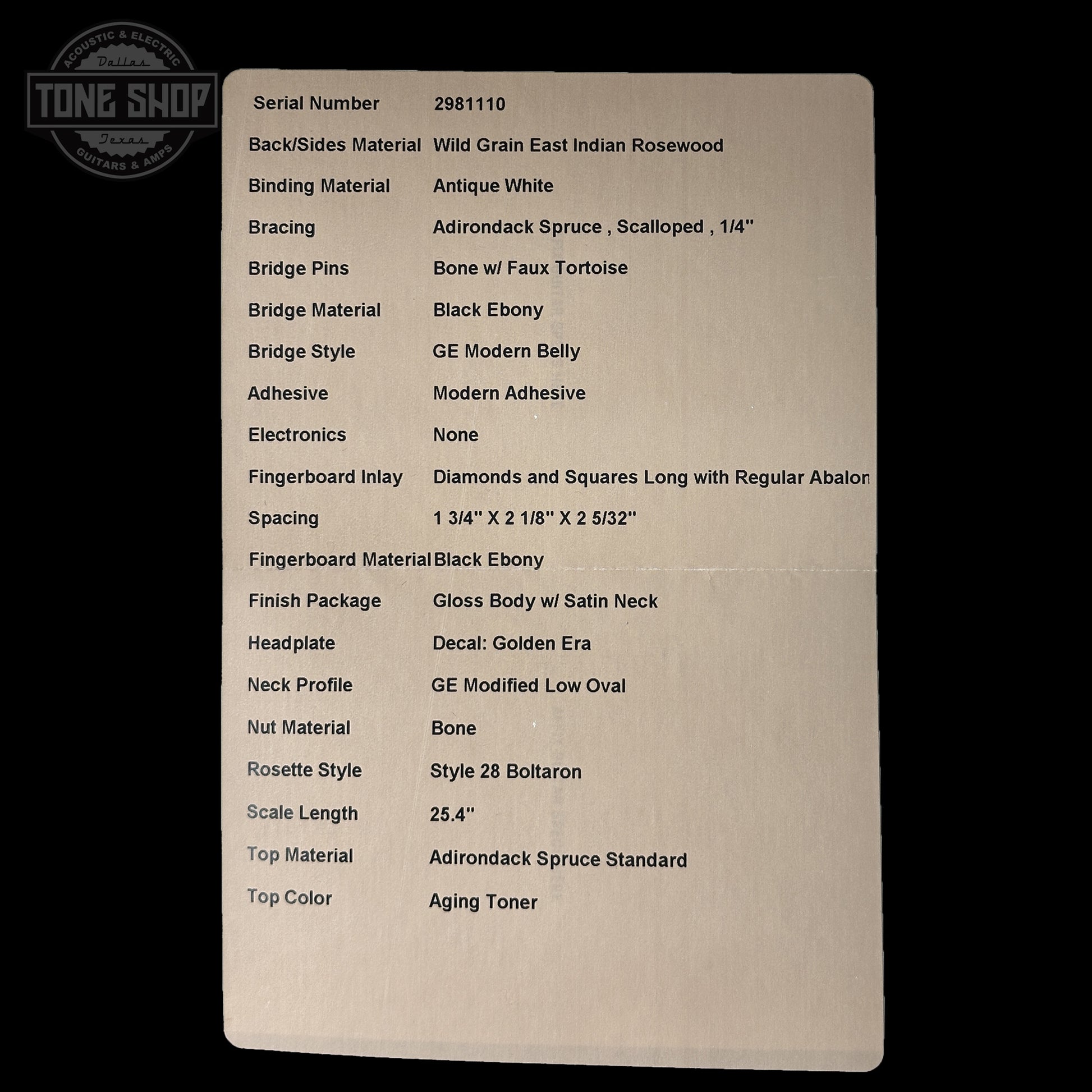 Spec sheet for Martin Custom Shop 000 14-Fret Wild Grain East Indian Rosewood 2981110.
