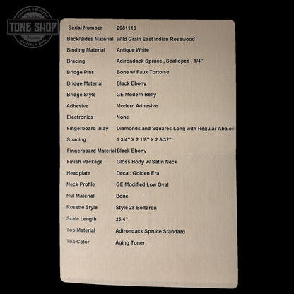 Spec sheet for Martin Custom Shop 000 14-Fret Wild Grain East Indian Rosewood 2981110.
