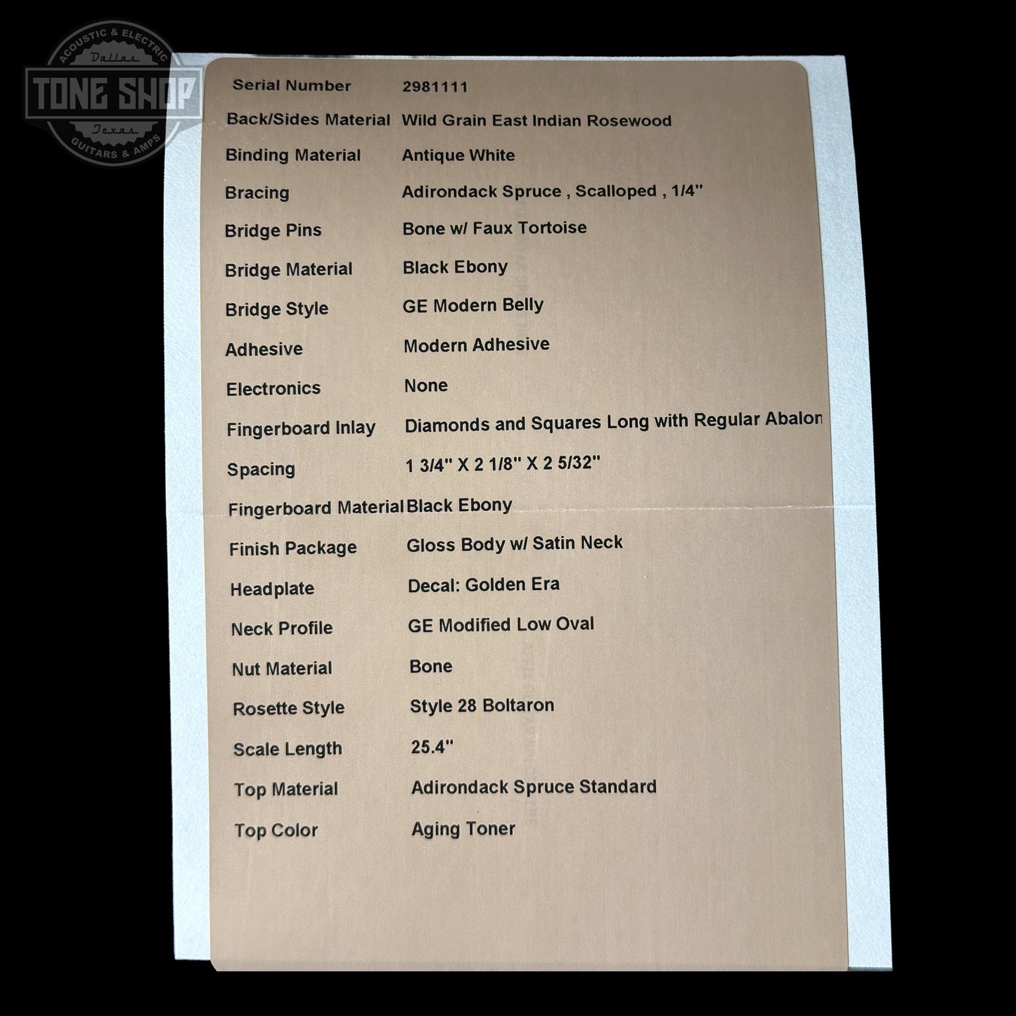 Spec sheet for Martin Custom Shop 000 14-Fret Wild Grain East Indian Rosewood 2981111.