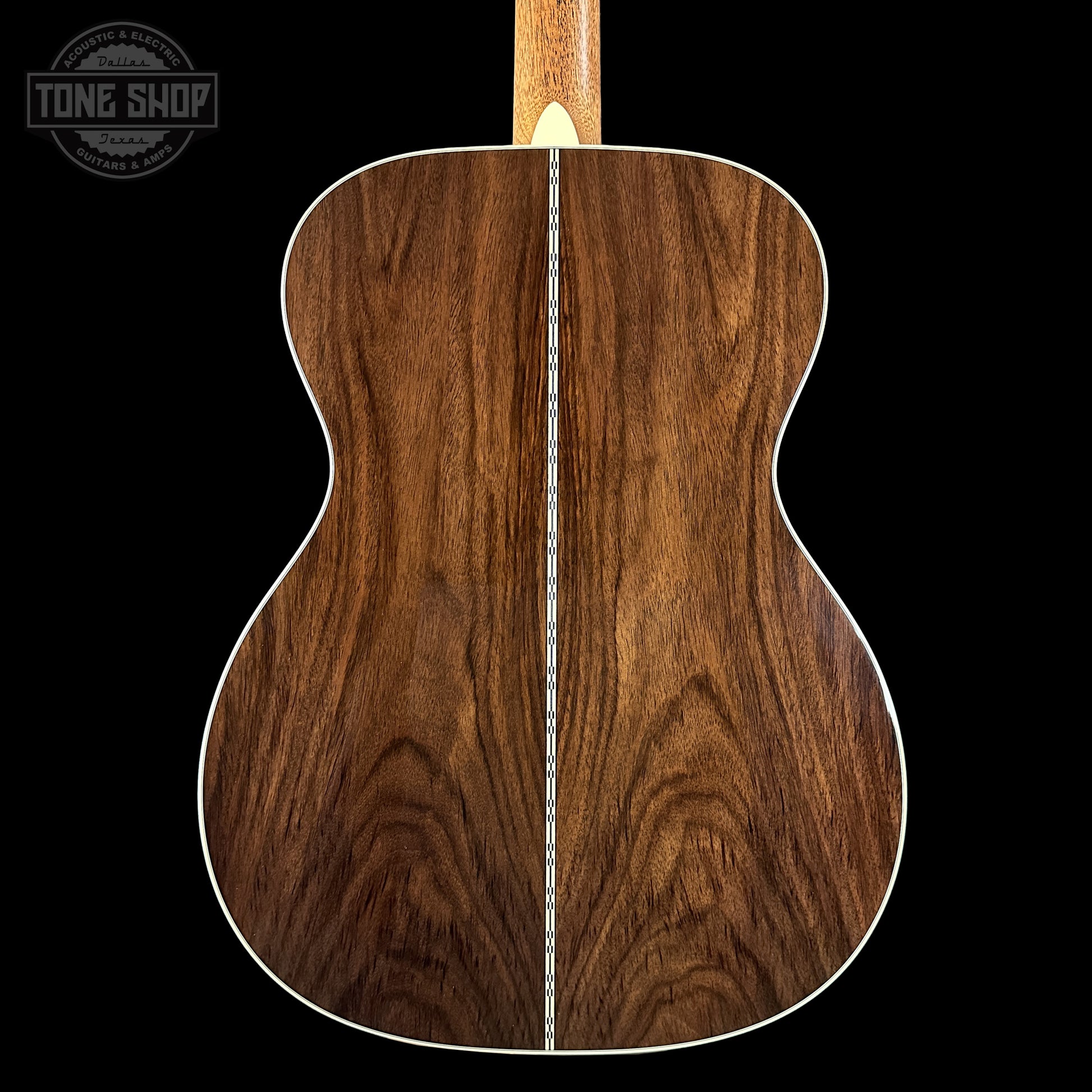 Back of Martin Custom Shop 000 14-Fret Wild Grain East Indian Rosewood body.