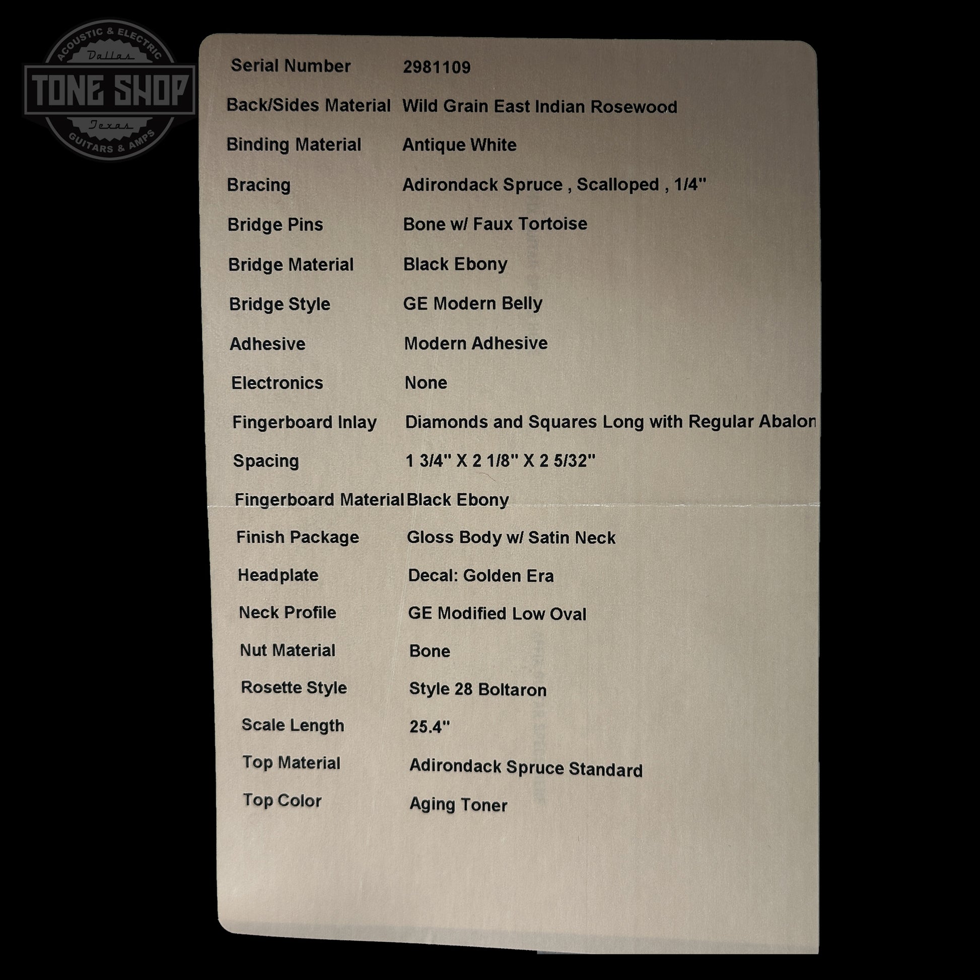 Spec sheet for Martin Custom Shop 000 14-Fret Wild Grain East Indian Rosewood.