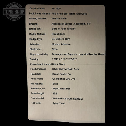 Spec sheet for Martin Custom Shop 000 14-Fret Wild Grain East Indian Rosewood.