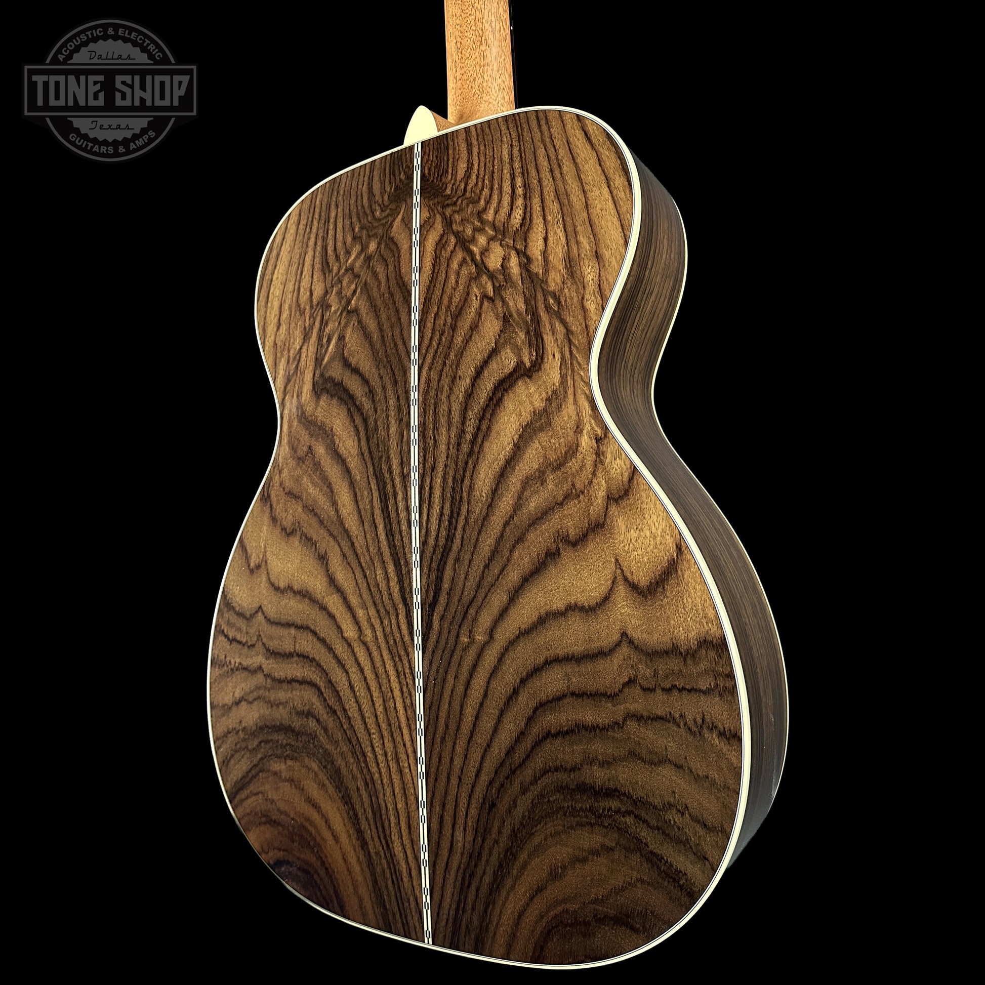 Back of Martin Custom Shop 00 14-Fret Wild Grain East Indian Rosewood body angle.