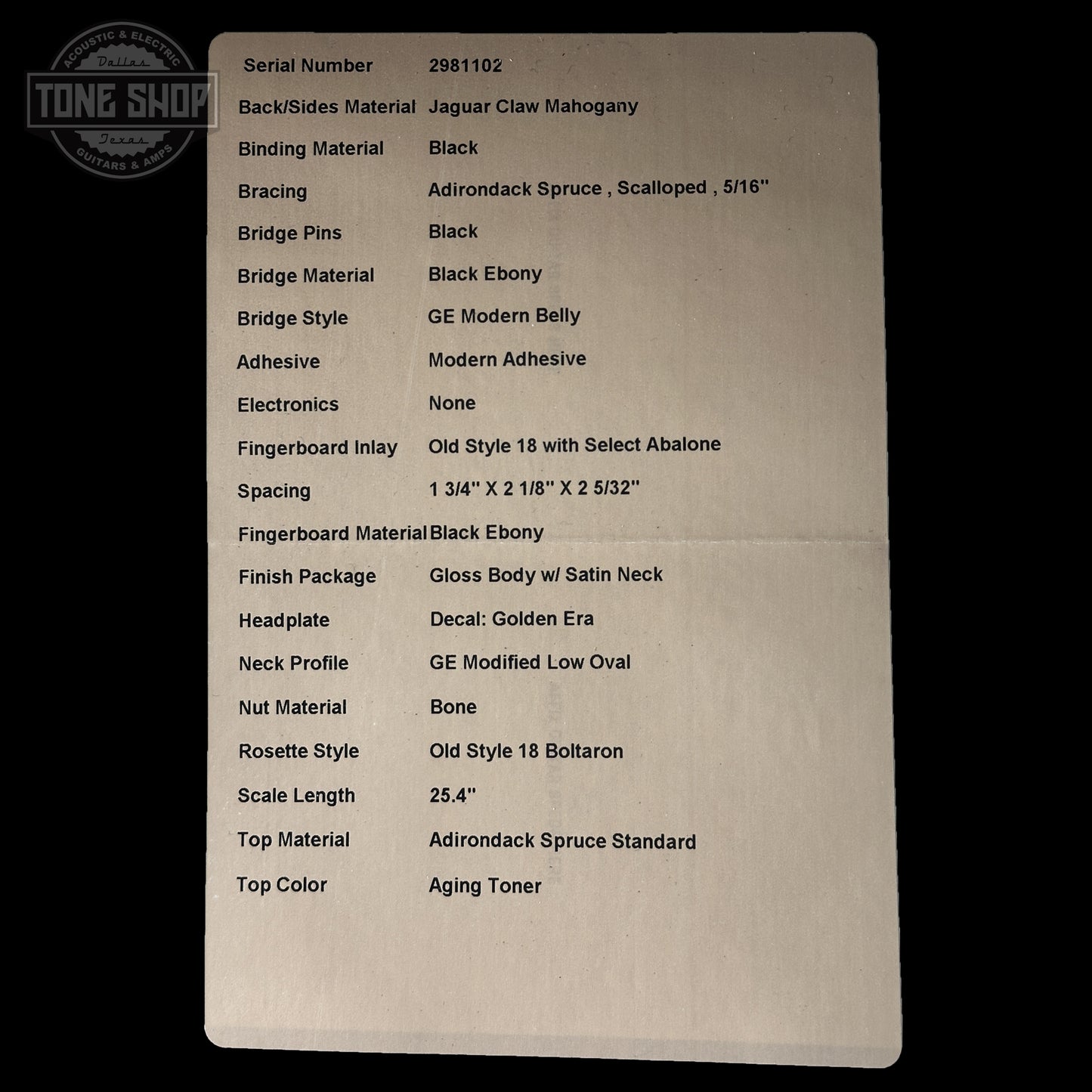 Spec sheet for Martin Custom Shop Dread 14-Fret Jaguar Claw Mahogany 2981102.