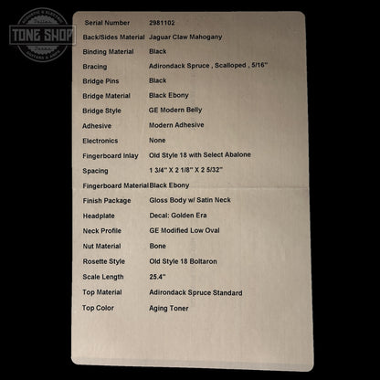 Spec sheet for Martin Custom Shop Dread 14-Fret Jaguar Claw Mahogany 2981102.