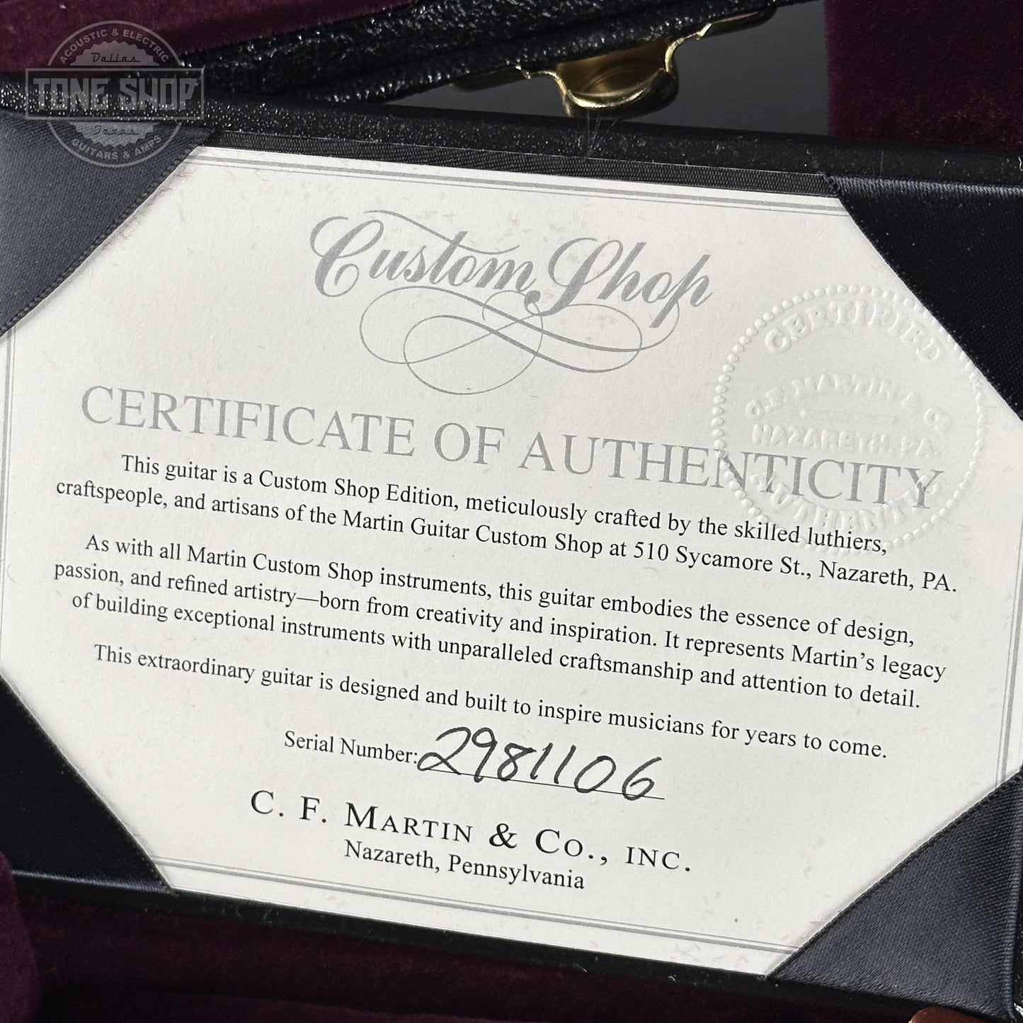 Certificate of Authenticity for Martin Custom Shop Dread 14-Fret Wild Grain East Indian Rosewood 2981106.