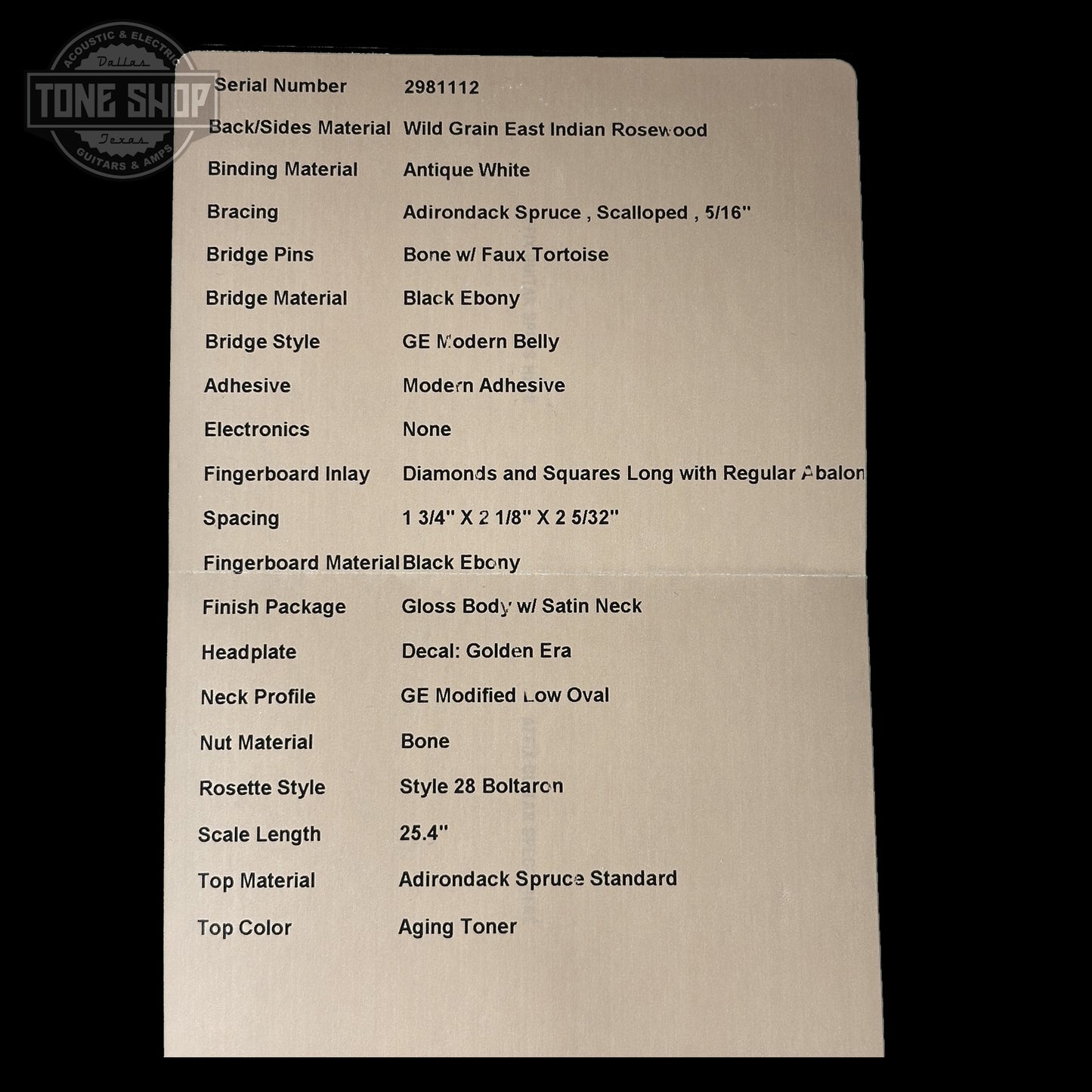 Spec sheet for Martin Custom Shop Dread 14-Fret Wild Grain East Indian Rosewood 2981112.