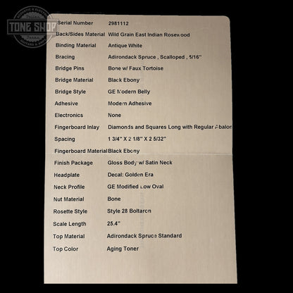 Spec sheet for Martin Custom Shop Dread 14-Fret Wild Grain East Indian Rosewood 2981112.