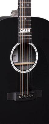 Close up of Martin DX Johnny Cash sound hole and CASH stamp on neck.