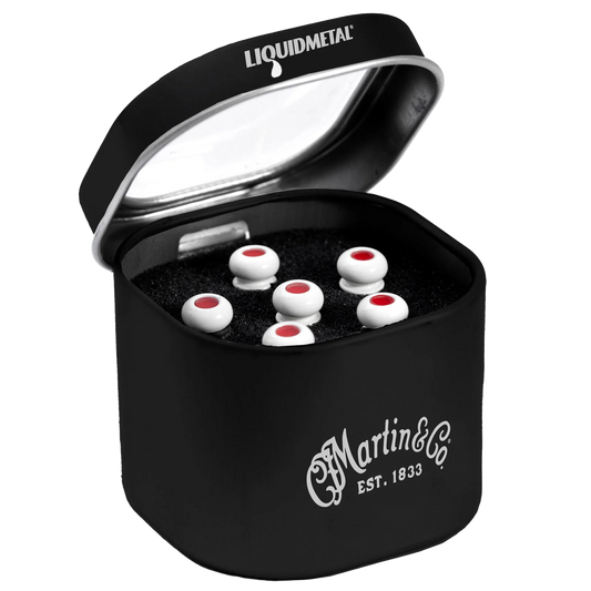 Front of Martin LUXE BY MARTIN Liquidmetal Bridge Pins Bone/Red Inlay.