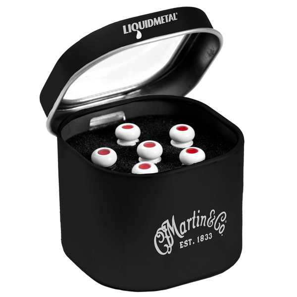 Front of Martin LUXE BY MARTIN Liquidmetal Bridge Pins Bone/Red Inlay.