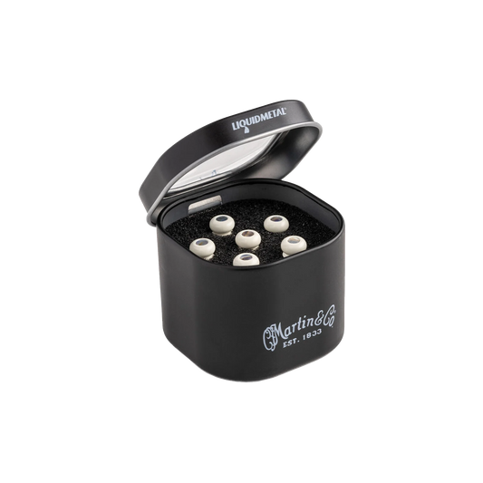 Front angle of Martin LUXE BY MARTIN Liquidmetal Bridge Pins Bone w Pearl.