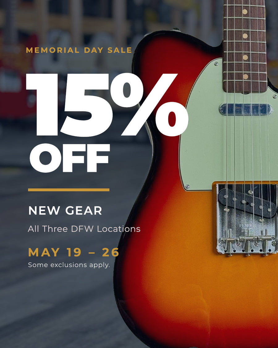 Memorial day sale text displaying 15% off new gear in all three locations with no code. Chat with us to save. White text over sunburst guitar.
