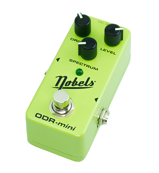 Front right angle of Nobels ODR-mini GREEN Natural OVERDRIVE mini effect pedal.