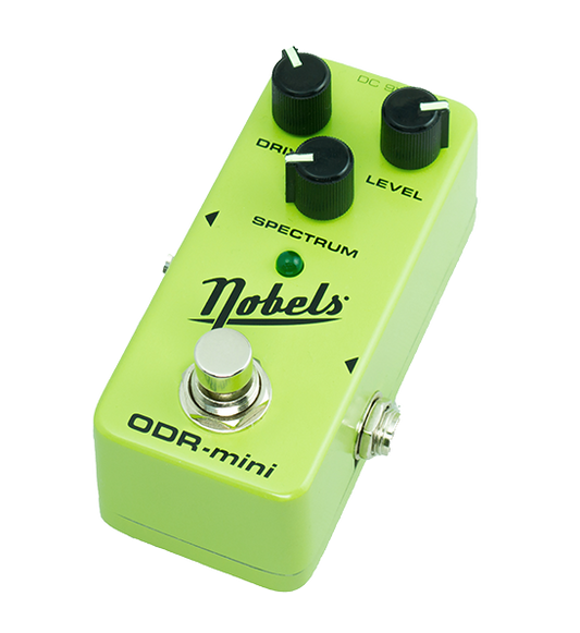Front right angle of Nobels ODR-mini GREEN Natural OVERDRIVE mini effect pedal.