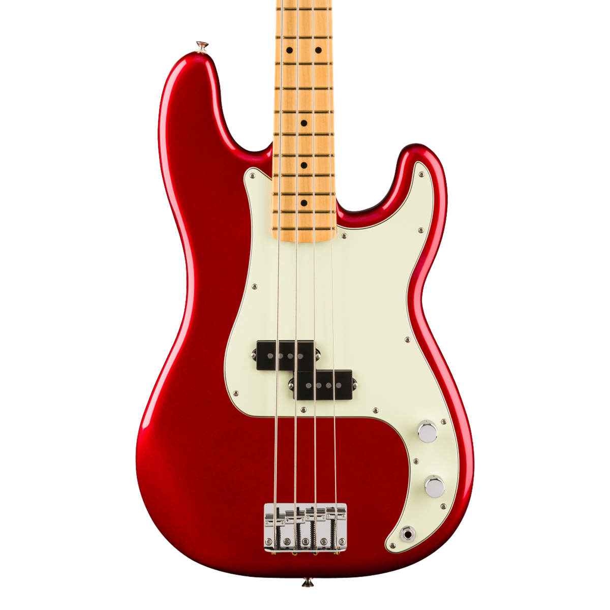 A red electric bass guitar with a cream pickguard and a natural maple neck, shown against a plain white background.