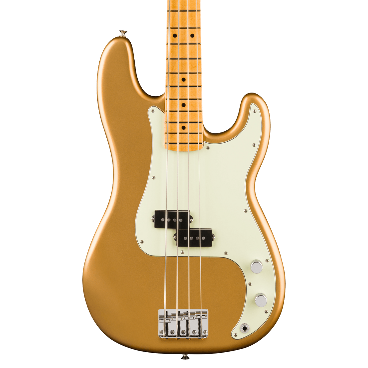 A gold-finish electric bass guitar with a white pickguard and maple neck, shown against a plain white background.