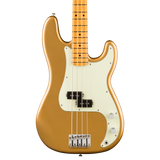 A gold-finish electric bass guitar with a white pickguard and maple neck, shown against a plain white background.