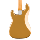 The back view of an electric bass body in a metallic gold finish, featuring a maple neck and a silver hardware plate, isolated on a white background.