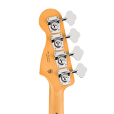 Close-up of the headstock of a bass guitar with a natural maple finish, four silver tuning machines, and four white flower-shaped tuning keys on a white background.